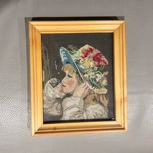 Framed Embroidered Art with Floral Hat